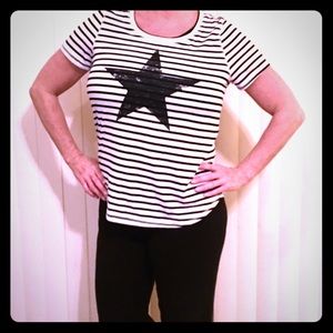 Women's Black & White Striped T-Shirt with Star.